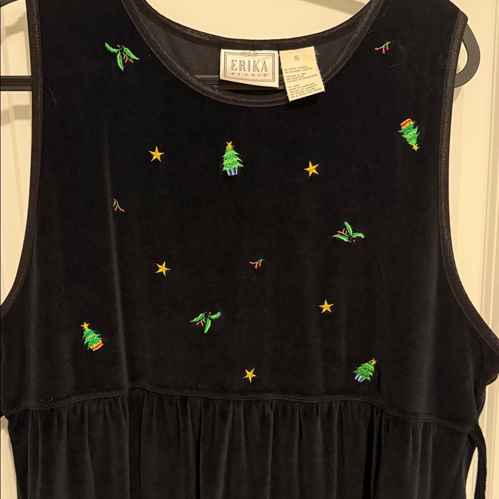 Studio Black Velvet Sleeveless Dress with Green & Yellow Embroidery